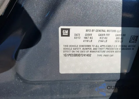 2013 Chevrolet Cruze 2Lt Auto из США, поврежденный, VIN 1G1PE5SB9D7241492